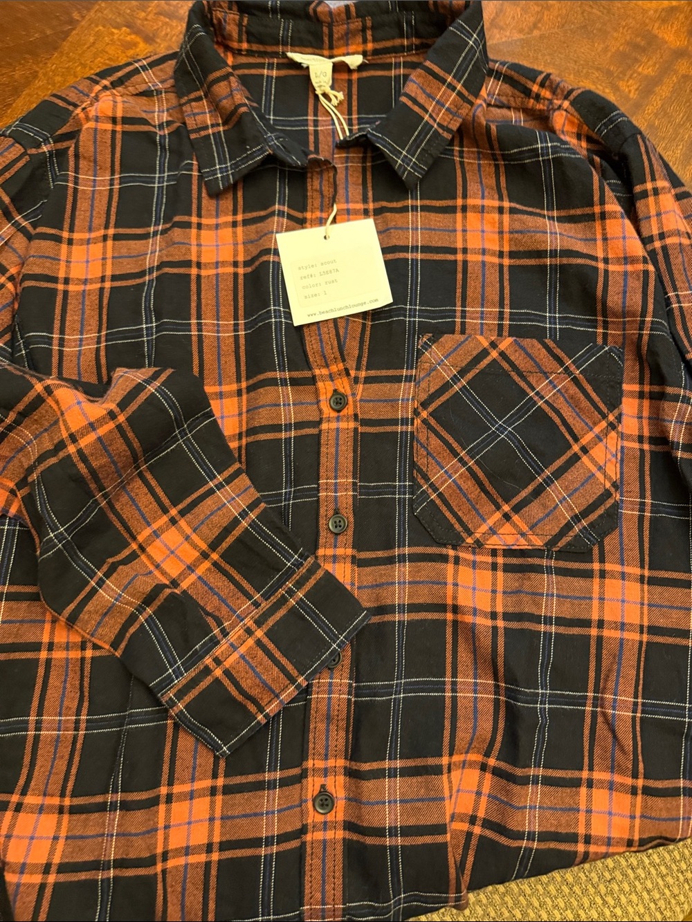 beachlunchlounge Black and Orange Plaid Button-Down cotton flannel Shirt size L